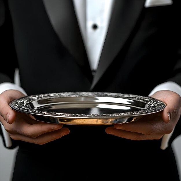 Professional waiter with silver service tray